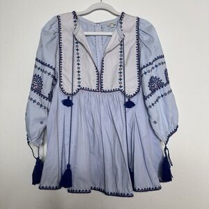 Talitha Womens Embroidered Blouse Size Large Tasseled Cotton Boho Cottagecore